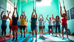 Individuals using pull-up resistance bands in a vibrant gym setting, showcasing strength and teamwork.