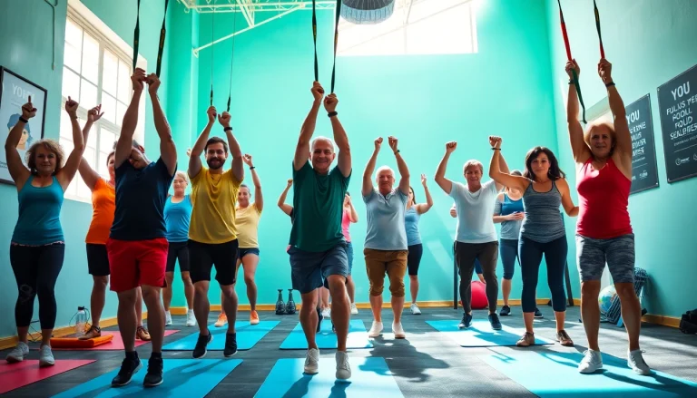 Individuals using pull-up resistance bands in a vibrant gym setting, showcasing strength and teamwork.