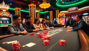 Players enjoying an exciting game at MM88 casino tables with rich colors and atmosphere.