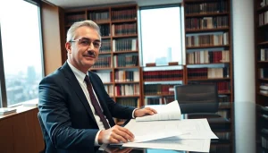 Intellectual property lawyer consulting with a client in a modern office setting.