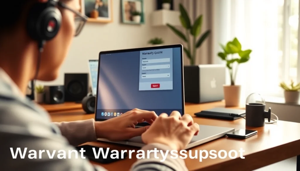 Obtaining an online warranty quote with a laptop in a cozy home office setting.