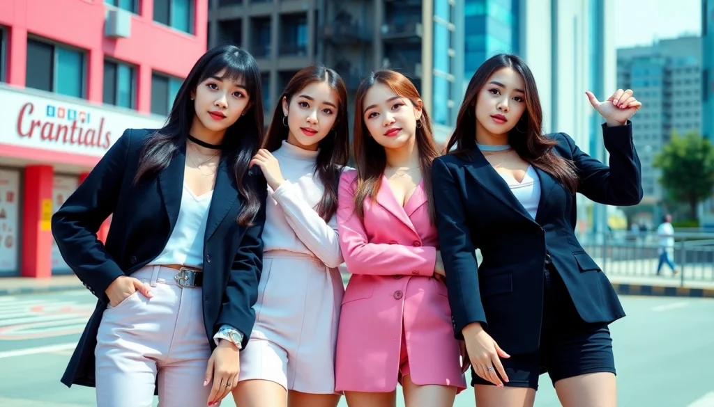 Capture of blackpink members standing confidently in vibrant fashion against an urban backdrop.