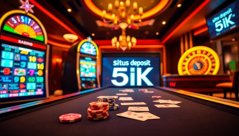 Adegan Situs Deposit 5k dengan meja kasino yang berwarna-warni, chip poker, dan lampu mesin slot.