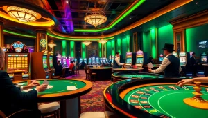 SHBET casino scene showcasing players at poker and roulette tables with luxurious decor.