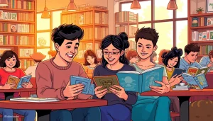 무료웹툰을 즐기는 사람들의 따뜻한 카페 풍경