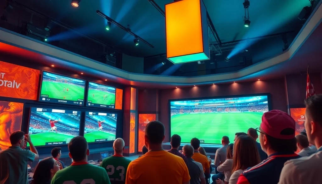 أجواء حماسية في استوديو بث رياضي متعلق بـ koora tv، يعرض المباريات الحية والمشجّعين.