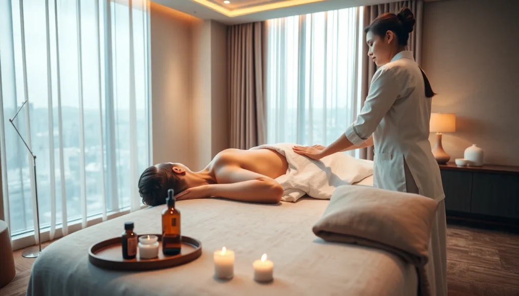 출장 massage therapy in a luxurious hotel room, showcasing relaxation and professionalism.