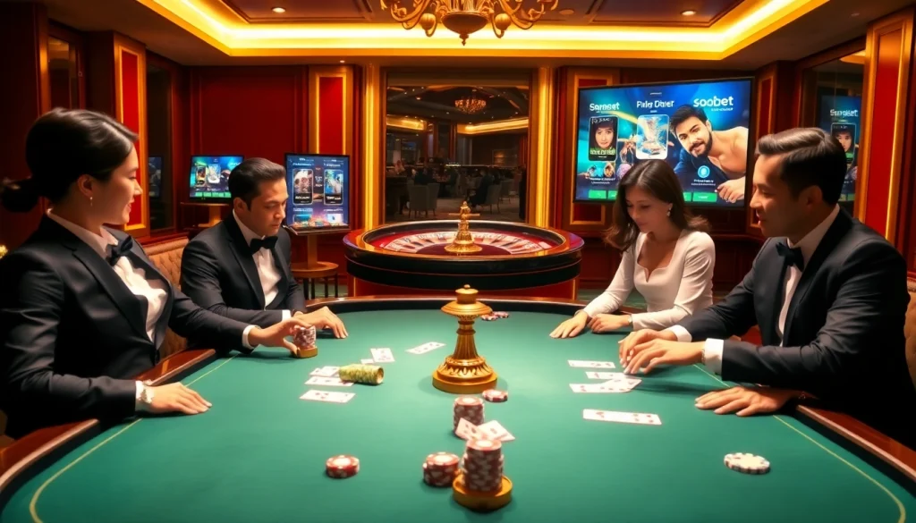 Sophisticated players engaging with sbobet link alternatif on a luxury poker table.