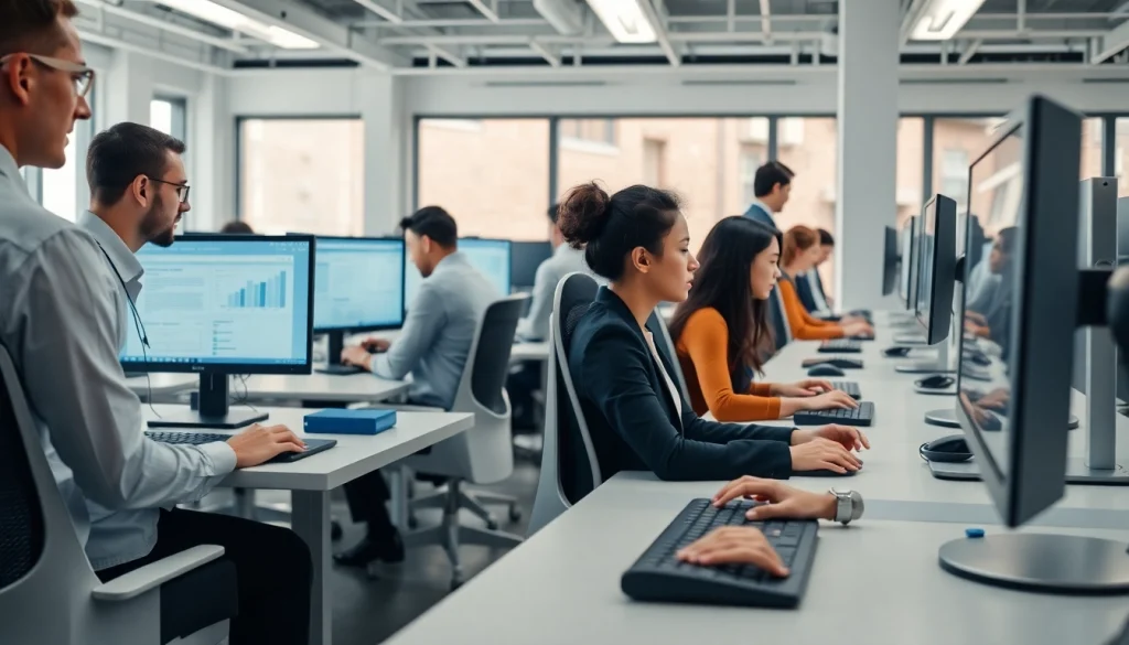 Engaged professionals at a typing center collaborate on typing tasks in a bright, modern workspace.