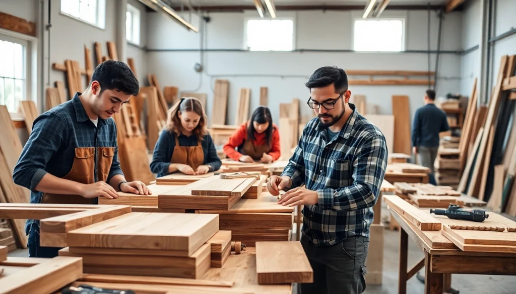 Engaged carpentry apprentices working with tools in a workshop, demonstrating Carpentry Apprenticeship Near Me.