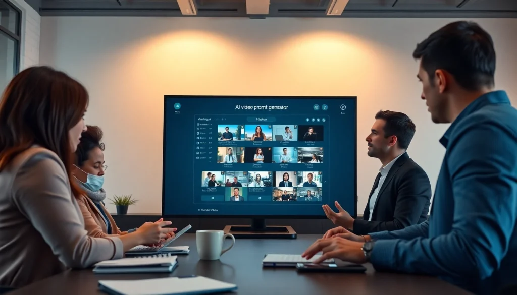 Video to prompt ai interface displayed in a modern office setting with professionals collaborating.