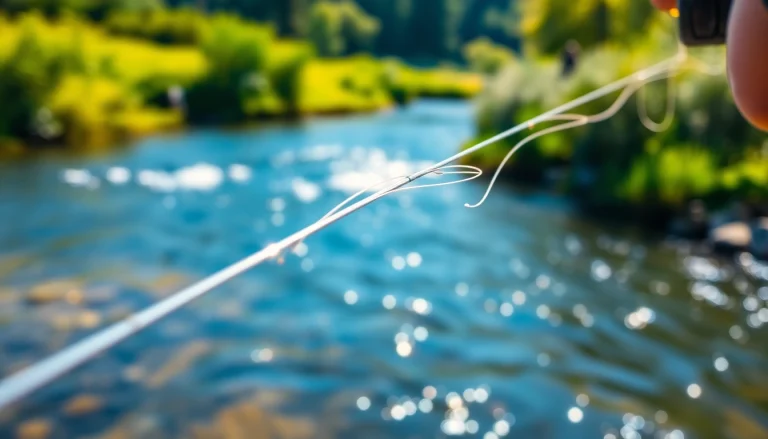See a fly fishing line glistening in sunlight against a picturesque river backdrop.