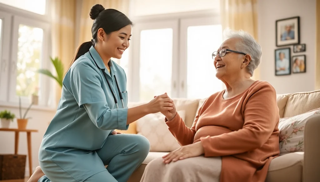Providing compassionate care at home with a friendly caregiver assisting an elderly woman.