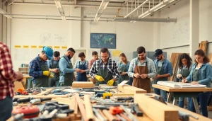 Highlighting construction training programs in an active workshop with tools and diverse learners.