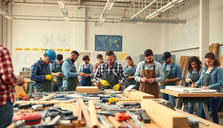 Highlighting construction training programs in an active workshop with tools and diverse learners.
