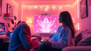 AI girlfriend interface scene showcasing digital interaction in a cozy setting.