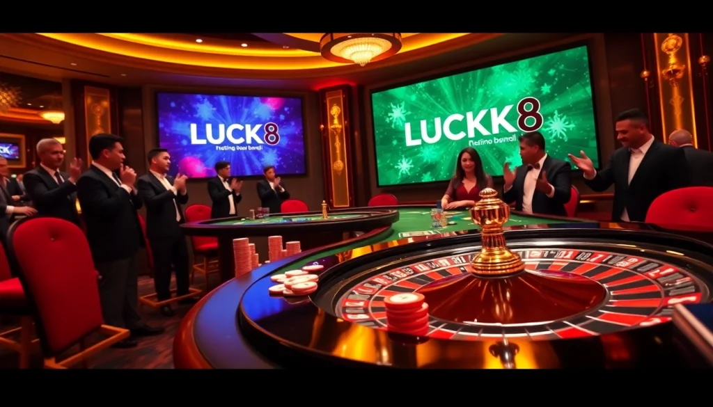 LUCK8 casino scene showcasing poker chips, cards, and an engaged atmosphere of excitement.