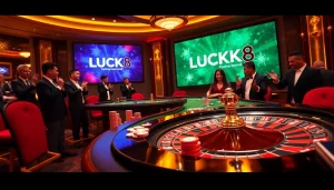 LUCK8 casino scene showcasing poker chips, cards, and an engaged atmosphere of excitement.
