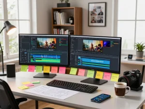 Innovative video to promptgenerator workspace with content creator editing videos on dual monitors in a dynamic environment.