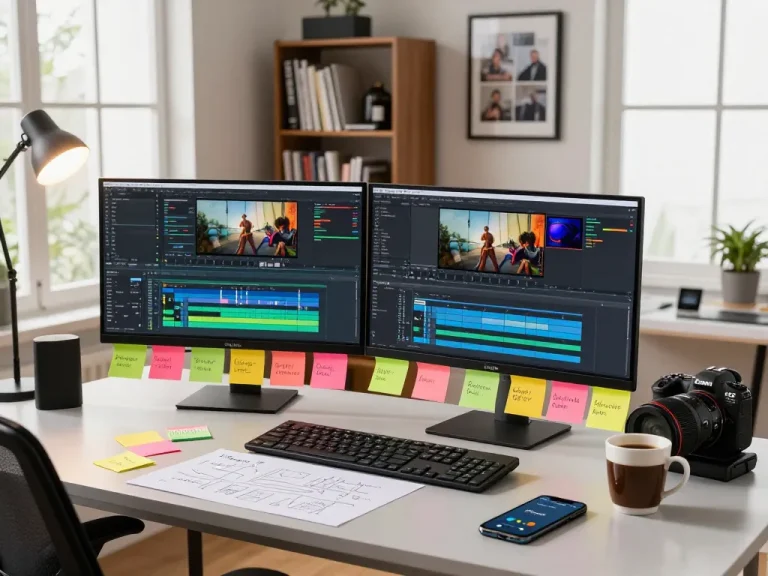 Innovative video to promptgenerator workspace with content creator editing videos on dual monitors in a dynamic environment.