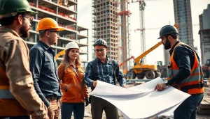 Workers actively collaborating on a construction career project emphasizing teamwork and professionalism.