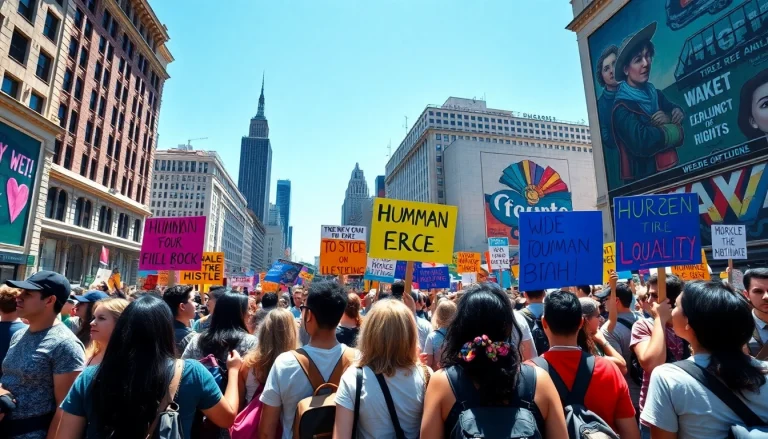 Human Rights activists passionately advocating for equality in a vibrant city square.