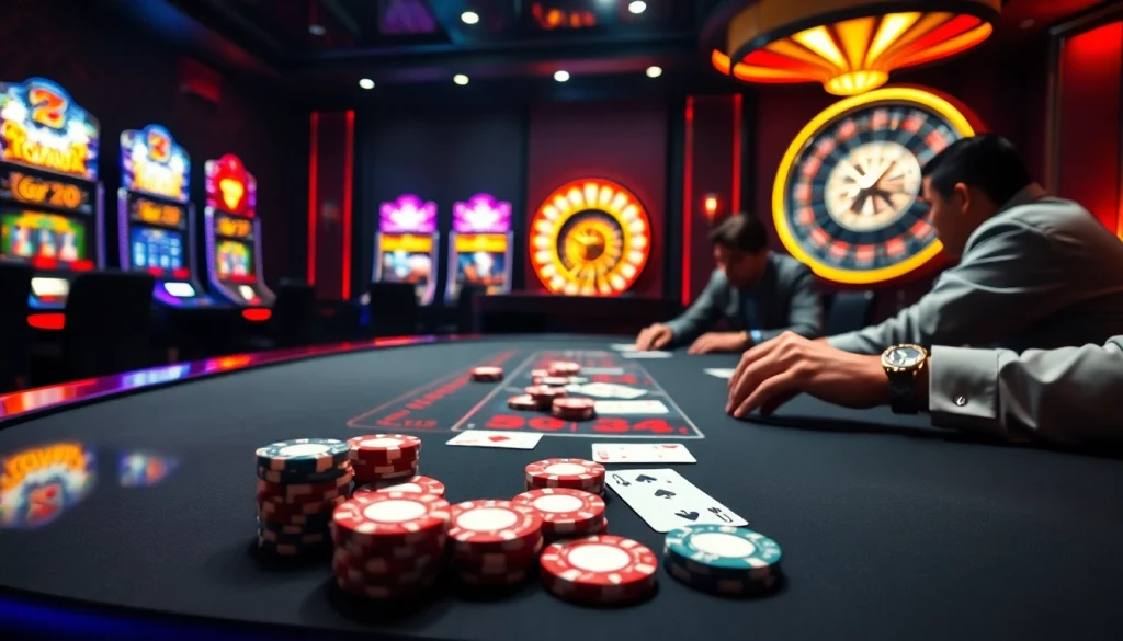 Experience thrilling gameplay at https://mm88.br.com/ with a luxurious casino scene featuring poker and slots.