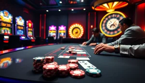 Experience thrilling gameplay at https://mm88.br.com/ with a luxurious casino scene featuring poker and slots.