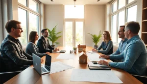 Start a residential architecture project with architects discussing plans in a bright meeting room.