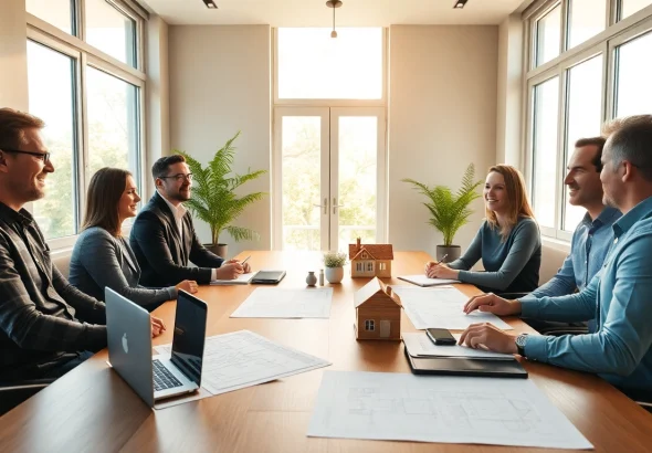 Start a residential architecture project with architects discussing plans in a bright meeting room.