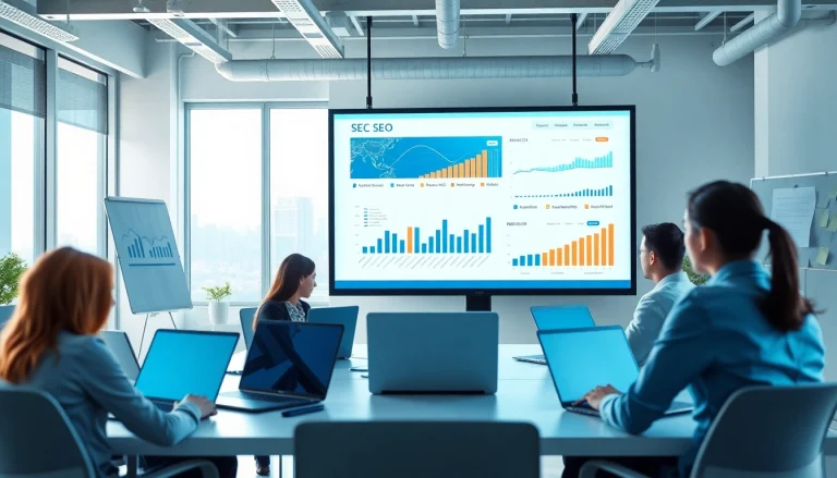 Analyze SEO performance metrics with a professional digital marketing team in a bright office.