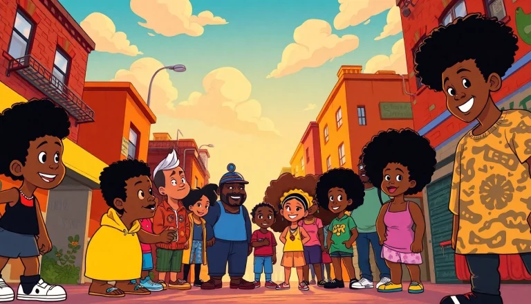 A colorful illustration showcasing diverse African American Cartoons characters in an urban setting, celebrating representation and creativity.