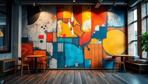 Zachwycający mural z abstrakcyjnymi elementami miejskimi i naturalnymi, który ożywia wnętrza.
