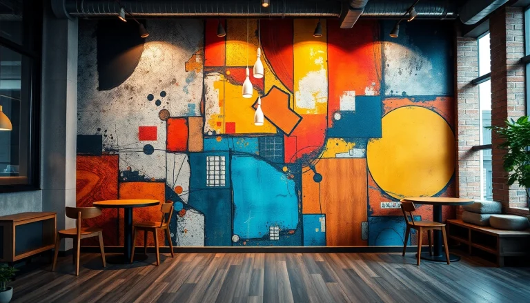 Zachwycający mural z abstrakcyjnymi elementami miejskimi i naturalnymi, który ożywia wnętrza.