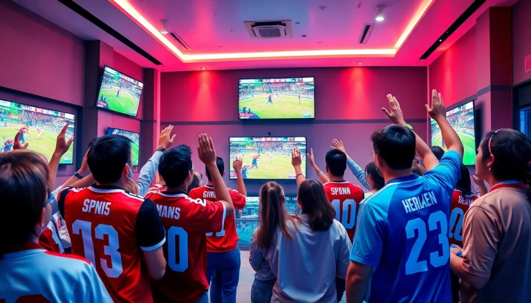 Fans celebrating sports events in a vibrant streaming environment on 토토스토리.