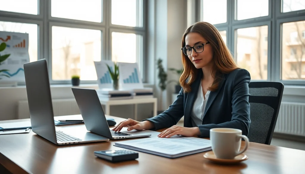 Profesjonalna księgowa przy biurku w nowoczesnym biurze, miasto Poznań, pokazująca spokojne i zorganizowane miejsce pracy.