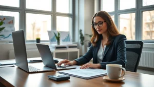 Profesjonalna księgowa przy biurku w nowoczesnym biurze, miasto Poznań, pokazująca spokojne i zorganizowane miejsce pracy.