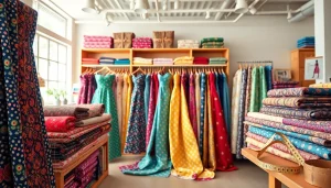 Stof voor jurk kopen met kleurrijke stoffen in een stoffenwinkel.