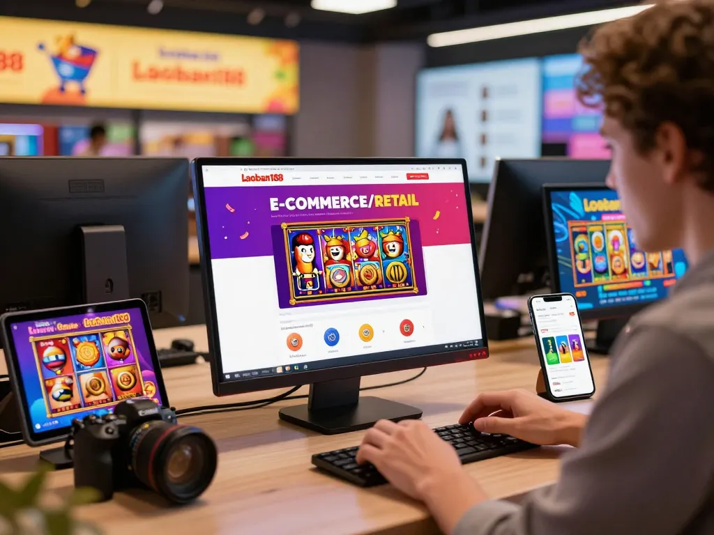 Adegan belanja online yang cerah menampilkan permainan slot laoban188, mengundang tampilan etalase digital.