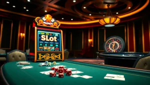 Engage with slot pragmatic at a luxurious casino, featuring vibrant slot machines and elegant tables.