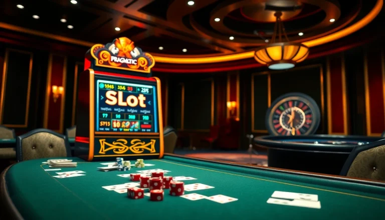 Engage with slot pragmatic at a luxurious casino, featuring vibrant slot machines and elegant tables.