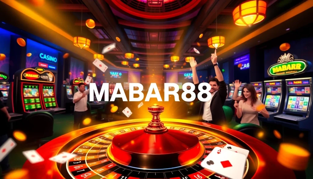 Para pemain merayakan Kemenangan MABAR88 di kasino online mewah dengan mesin slot yang penuh warna.