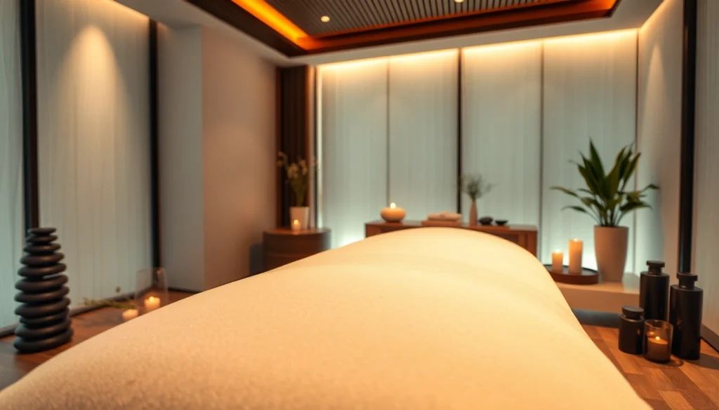 고급스러운 리넨과 차분한 장식이 있는 마사지 치료 장면.