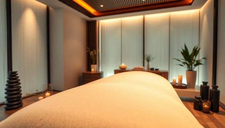 고급스러운 리넨과 차분한 장식이 있는 마사지 치료 장면.