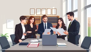 Experten analysieren Untreue Strafrecht in einem modernen Büro mit juristischen Materialien.