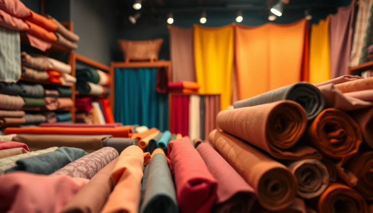 stoffen online, kleurrijke stoffen displaying verschillende texturen in een moderne winkelomgeving.