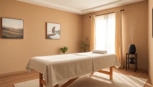 편안한 장식과 자연광이 있는 휴식 마사지 치료실.