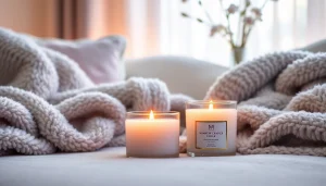 Pali mirisne svece u udobnom ambijentu sa mekim dekicama i cvetnim aranžmanom.