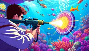 Bắn cá đổi thưởng gameplay featuring players skillfully aiming in a vibrant underwater casino scene.