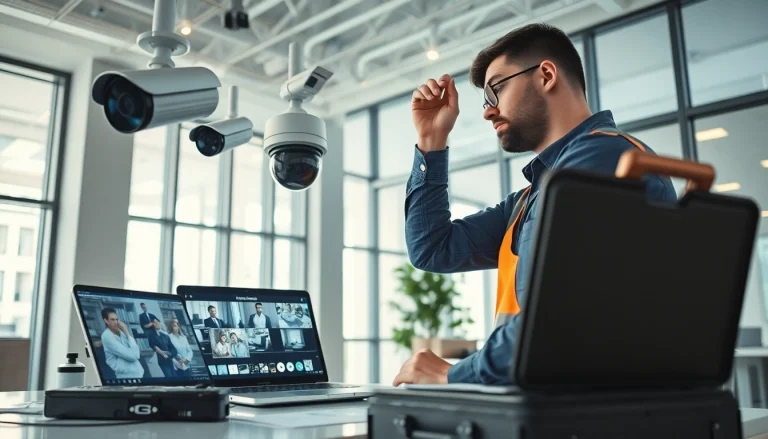 Instalación profesional de cámaras de vigilancia por una confiable empresa de seguridad en un entorno de oficina moderno.